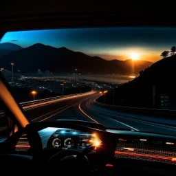 night time, a car dashboard lighting up, a dark mountain road in the windscreen, with a beautiful city in the distance, rising sun, photo quality