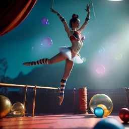 Ultra realistic circus scene. Classic acrobat woman, waist up view, Wes Anderson style, happy, bubbles, highly detailed, concept art, unreal engine 5, god rays, ray tracing, RTX, lumen lighting, ultra detail, volumetric lighting, 3d, finely drawn, high definition, high resolution.