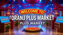 An attractive design with the text (WELCOM TO TORANJ PLUS MARKET) in the middle of the image in a prominent manner with a blue, red, orange, and gold color theme.