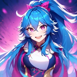 girl, masterpiece, best quality, volumetric lighting, detailed outfit, perfect eyes, blue hair, long hair, vibrant pink eyes, ponytail, messy hair, hair in between the eyes, laughing, angry,