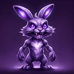 Bipedal creature resembling a rabbit made out of purple amethyst and has glowing white eyes and a jagged fanged grin in cartoon art style