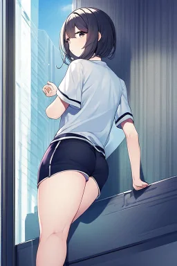 anime waifu wearing short shorts and a pyjama shirt with her back turned