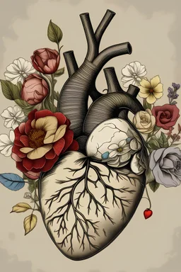 anatomical heart with flowers vintage background more colours with some latin terms do it more realistic