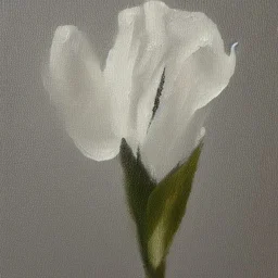 tiny oil painting of single long stem pressed flower, white canvas, ghostly, melancholy, tender, moody, vintage, delicate arrangement, beautiful composition, etsy, aesthetic layout, plain solid white background