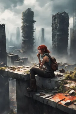 A girl sitting on top of a wall in an apocalyptic world, with broken skyscrapers, wild plants, and rusty vehicles