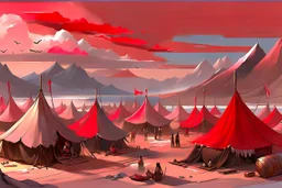 painting, landscape, artistic, illustration, artstation, black desert, black sand, bleak, pale red sky, large bustling camp, tigtly packed leather tents, vereshagin style