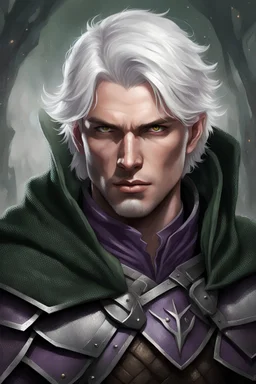 a male warrior. white short hair. purple eyes. tall and strong. dressed in chainmail. gray clothes. dark-green cloak.