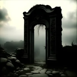 Photograph of a distant dirty stone door, several white tentacles surround the area, white fog, black background, black abyss