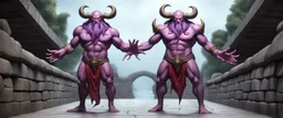 full body minotaur psionic master illithid santa in threatening pose in swimsuit on ive stone bridge, front and back,