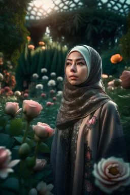 half body wide angle RAW photo, beautiful woman in hijab wearing luxurious and ornate clothing, fully covered, opals and floral decorations, flower garden view in the background, beautiful Indonesian woman's face, high detail skin, flowers, hijab, 8k uhd, DSLR, soft lighting, high quality, film grain