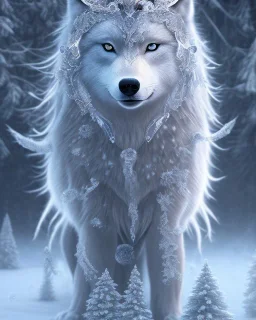 gorgeous goddess of ice and snow wearing a crystalline ice crown and standing next to a beautiful gray wolf, 8k resolution, centered, high-quality, fine-detail, iridescent, intricate, digital art, detailed matte, volumetric lighting, beautiful, illustration, 3D octane render, margaret weiss, brian froud, howard lyon, selina french, anna dittmann, annie stokes, lisa parker, greg rutowski,