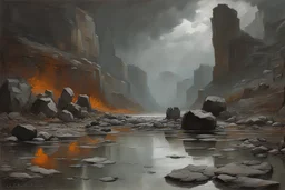 Dark grey sky, rocks, cliffs, puddle, sci-fi, mountains, ludwig dettman and rodolphe wytsman impressionism paintings