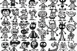 make a bunch of simple hand-drawn spooky and cute cartoon characters with bodies arms, and legs I could draw and make them all different make them looks like the 50s and 60s cartoon art