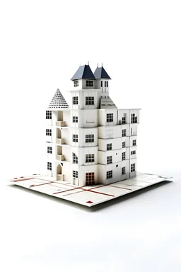 3-D picture of a 'house of cards' with a white background viewed from distance