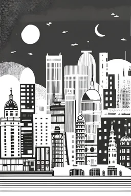 Black and white illustration with more white space than black, of the London skyline in the style of wes Anderson