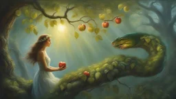 Masterpiece, Fairytale Atmosphere, Haze, Textured Oil Painting with Visible Brushstrokes, Eve in Leafy Clothing in the Garden of Eden Reaches for an Apple, A Serpent Perched on an Apple Tree Branch, Detailed and Effective Lighting Creates a Magical, Fairytale Picture. Detailed and Effective Lighting Creates a Magical, Fairytale Image. Realistic, Volumetric Lighting, Mixed Media, Surreal Futuristic Portrait, Glow, Textured, 3D, 8K, Best Quality, Fine Art, High Detail, Hyperrealism, High Resolutio