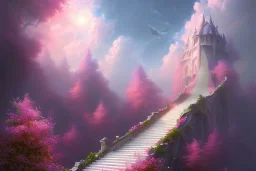 mystical long stairway up to heaven in the sky, atmospheric pink mist, beautiful colours, fine art, trending on artstation, masterpiece