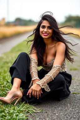 A stunningly ethereal indian woman with cascading, tousled hair, captivating eyes, and a lovely smile sits gracefully on a grassy pavement. She is dressed in exquisite designer attire and shoes that perfectly complement her glowing skin. The windy weather adds a dynamic element to the scene, enhancing the fashion photograph's sense of movement and glamour. Each detail in the image exudes sophistication and elegance, creating a visual masterpiece that is both captivating and alluring.