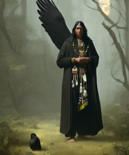 native american shaman, wise man, long black hair, black hooded coat like wings, 8k resolution concept art portrait by Greg Rutkowski