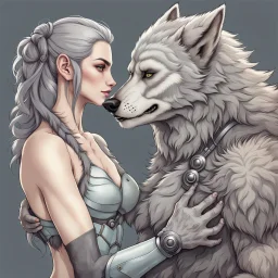 the anthropomorphic strong gray hairy body wolfman name Teo, holds between his paws the anthropomorphic pale hairy body wolfwoman's face , they look at each other, blur background, high detalied, high realistic, sci-fi and fantasy mood