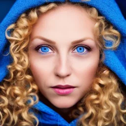 Beautiful portrait of a beautiful lady with blond curly hair, small nose, big blue eyes, wearing a blue hoodie and a gold neckless on her neck. highly detailed and realistic