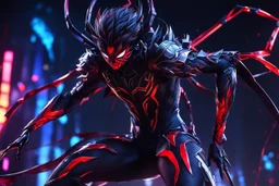 Hot Asian carnage in 8k solo leveling shadow artstyle, silk theme, spider costum, dynamic pose, oshare kei, hurufiyya, rtx , neon lights, intricate details, highly detailed, high details, detailed portrait, masterpiece,ultra detailed, ultra quality