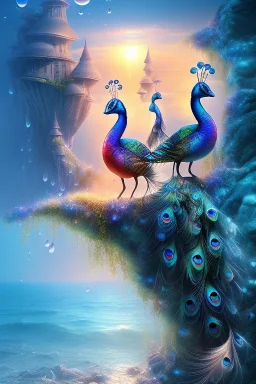 mystical beach, peacock, mystical, dreamlike, romanticism, fine detail, high quality, raining, rain droplets, beautiful colors, soft lighting, fish,