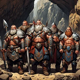 The sturdy Dwarves in front of the cave, with their characteristic proud, stout physiques, wear ornate, battle-worn armor adorned with bold, geometric patterns, and wield mighty axes, hammers, and swords. Their facial features are strong, with prominent beards, bushy eyebrows, and piercing, gemstone-like eyes. We Were Born Ready