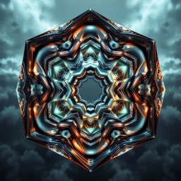 Dynamic hypnotic fractal 3D structures hexogonal Symmetry twisting and morphing between organic and geometric forms , smooth translucent iridescent glass with inner glow and regular bubbles, varied transparent materials, stormy skies, intense dramatic