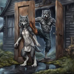 fantasy digital art of kicked out of the house out the door with his foot an tall angry anthro wolf man in dark gray body hairy kicks she out the door , a very sad little anthro wolf she have wolf face gray hairy wolf body and wears just a short canvas rag around her waist , she have sadly face , rain , behind she , behind in rustic halb open door in an massive wooden house, rainy day, detailed, fantasy mood