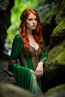 Close UP, delicate, cute, soft, skinny belly red haired Young lady, Green eyes , cave waterfall, medieval