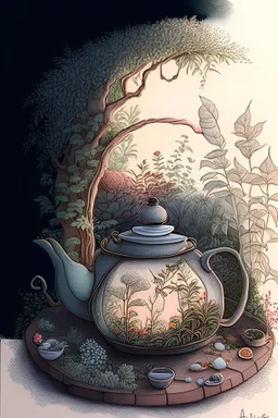 Cozy vibes drawing art tea pot, garden inside tea pot