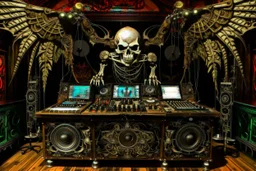 DJ of the damnded, insanely detailed DJ booth in hell, MID set, speakers and equipment made of bone, anatomically correct,