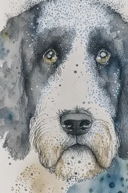 Abstract wet watercolour of the head of a black and white bernadoodle, ink lines, interlinked circles, detailed,focus on eyes, watercolour paper