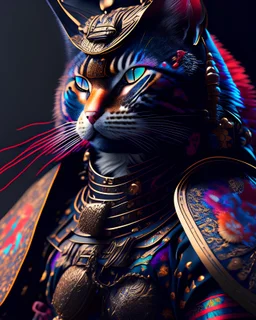 Gato Samurai cuerpo completo gráfica digital hiperdetallado maximalismo colores contrastantes cinematográfico 8k