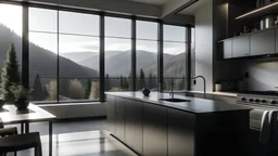 cucina moderna scura, ampie finestre, paesaggio di montagna, mantieni la stesso punto di vista