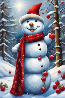 a painting of a snowman wearing a red hat and scarf, with red berries and icicles, snow landscape background, snowy, by Pamela Ascherson, by Jane Carpanini, by Terry Redlin, by Nancy Carline, by Sally Haley, traditional folk art style, festive, snowy background, snow scene, with snow covered colourful red, he is greeting you warmly