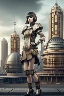 full body picture of a woman with a bob, a fringe hairstyle, Cleopatra clothing futuristic steampunk, city background