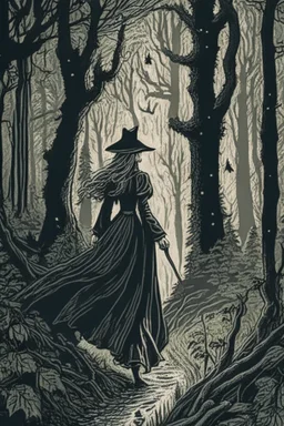 in the style of a Henry Justice Ford drawing, a beautiful witch walks through a forest