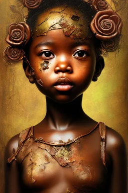 an abstract painting of rusted metal and flowers, african baby portrait, rust, scaffolding, iron cladding, decay, mixed media, textured, anatomically correct, beautiful perfect face, sharp focus, highly detailed