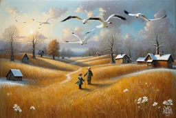 Richly textured Hieronymus Bosch, Catrin Welz-Stein, William Turner, Zdzisław Beksiński, Jacek Yerka oil on canvas zentangle line art style mix, surreal frosted fantasyland winter oceanscape, hoarfrost on trees, high grasses, snow and cottages, withered flowers, pale sunrise; paint splatter, beautiful vibrant colors, reflections, SK, flying seagulls, dramatic clouds, snowfall.