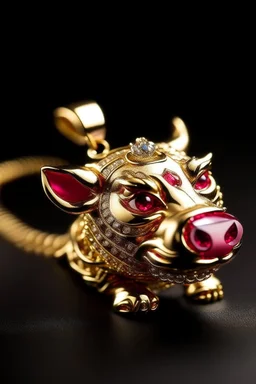 A pendant for a necklace, a big sitting Pumbaa from the lion king in gold with diamonds and big tusks with eyes made of ruby