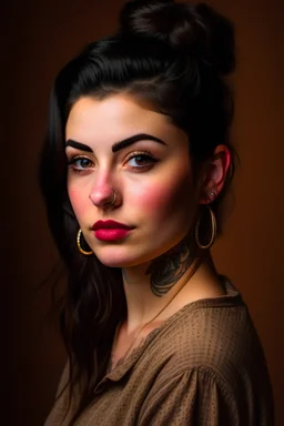 Portrait of a pretty young woman in her early twenties with long black hair worn up in a bun, brown eyes, and a sleeve of tattoos