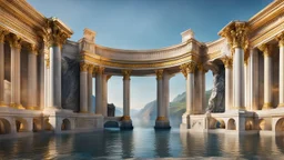 a roman capital divided by a river next to the ocean. marble and gold. fantasy.