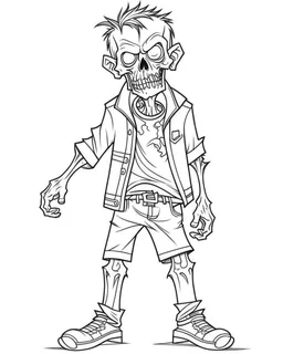 outline art for halloween coloring pages for kids with cartoon cute zombie , white background, Sketch style, full body, only use outline, clean line art, white background, no shadows and clear and well outlined, coloring page for kids,