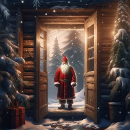 santa claus standing in the doorway in cosy hut in snowy misty forest, 8k, down-light, soft light, depth of field, photo realism, trending on art station, high detail