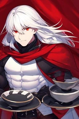 Vampire knight, muscular young man with long white hair, wearing black gothic full plate armor with red cape, cyan eyes