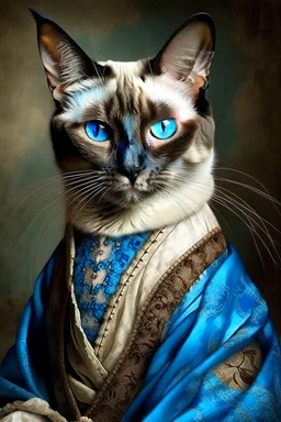 Portrait Renaissance Portrait of a female Siamese cat wearing classic mediveal gown and veil outfit, oil painting texture, piercing blue eyes, texture background