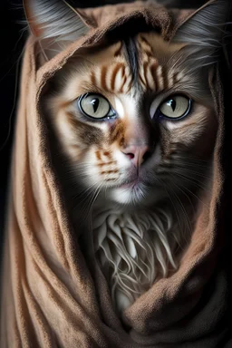 a photorealistic portrait of a stunningly beautiful cat without make-up, extremely detailed light hazel eyes, detailed symmetric realistic face, natural skin texture, extremely detailed skin with skin pores, peach fuzz, messy hair, wearing shawl over her head, masterpiece, absurdres, award winning photo by lee jeffries, nikon d850 film stock photograph, kodak portra 400 camera f1.6 lens, extremely detailed, amazing, fine detail, rich colors, hyper realistic lifelike texture, dramatic lighting,