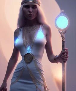 Gipsy, beautiful, curvy body, white fabric dress, beautiful long hair, bandana covering head, long earings, head and shoulders portrait, holding tarot card, 8k resolution concept art portrait by Greg Rutkowski, Unreal Engine 5 volumetric lighting